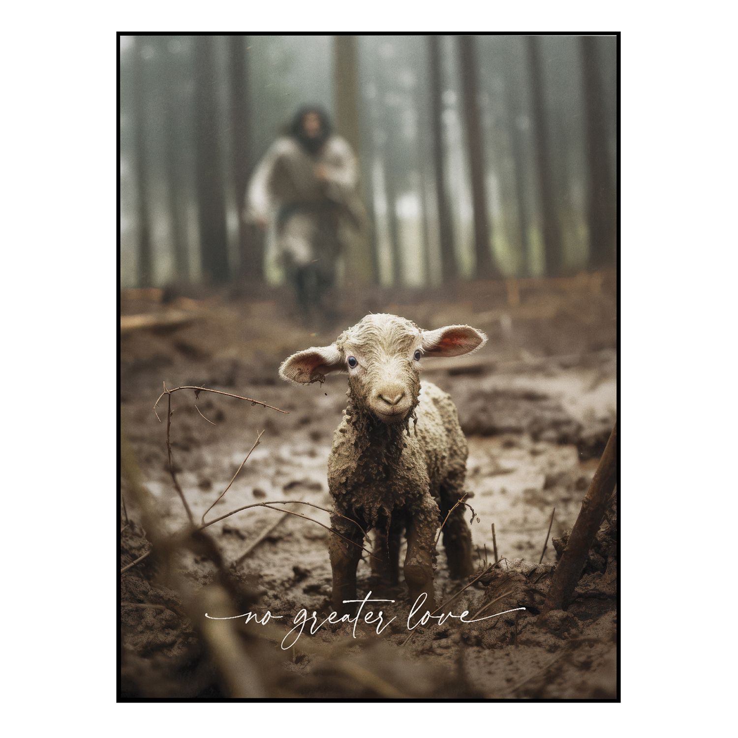 Framed Art-Jesus Running After A Lost Lamb (12.75