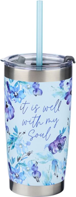 WITH LOVE Inspirational Coffee Mug for Women, It is Well with My Soul,  Blue/Cream Medium Ceramic Drinking Cup 12oz.