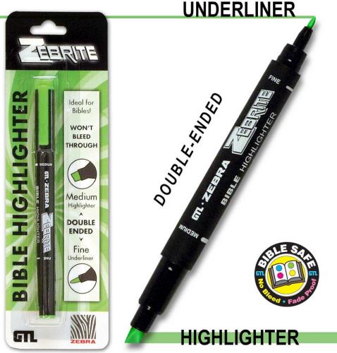 Inc Zebrite Double Ended Bible Highlighter Set Yellow No Bleed Pigmented Ink Double Ended for Highlighting & Underlining Green Set of 3 G.T Pink No Fading or Smearing Luscombe Company 