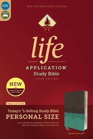 NIV, Application Study Bible, Third Edition, Personal Size, Leathersoft, Gray/Teal, Red Letter Edition | Scriptural Christian Supply Center