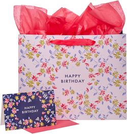 Happy Birthday Purple Floral Large Landscape Gift Bag and Card Set